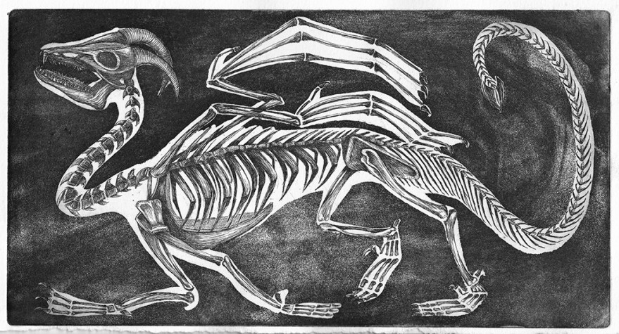 Fossile - Dragon terrassé, eau-forte et aquatinte sur zinc, tirage 3, mai 2016